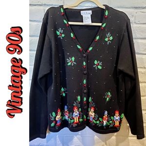 Pretty vintage Christmas nutcracker holly cardigan sweater, black, large